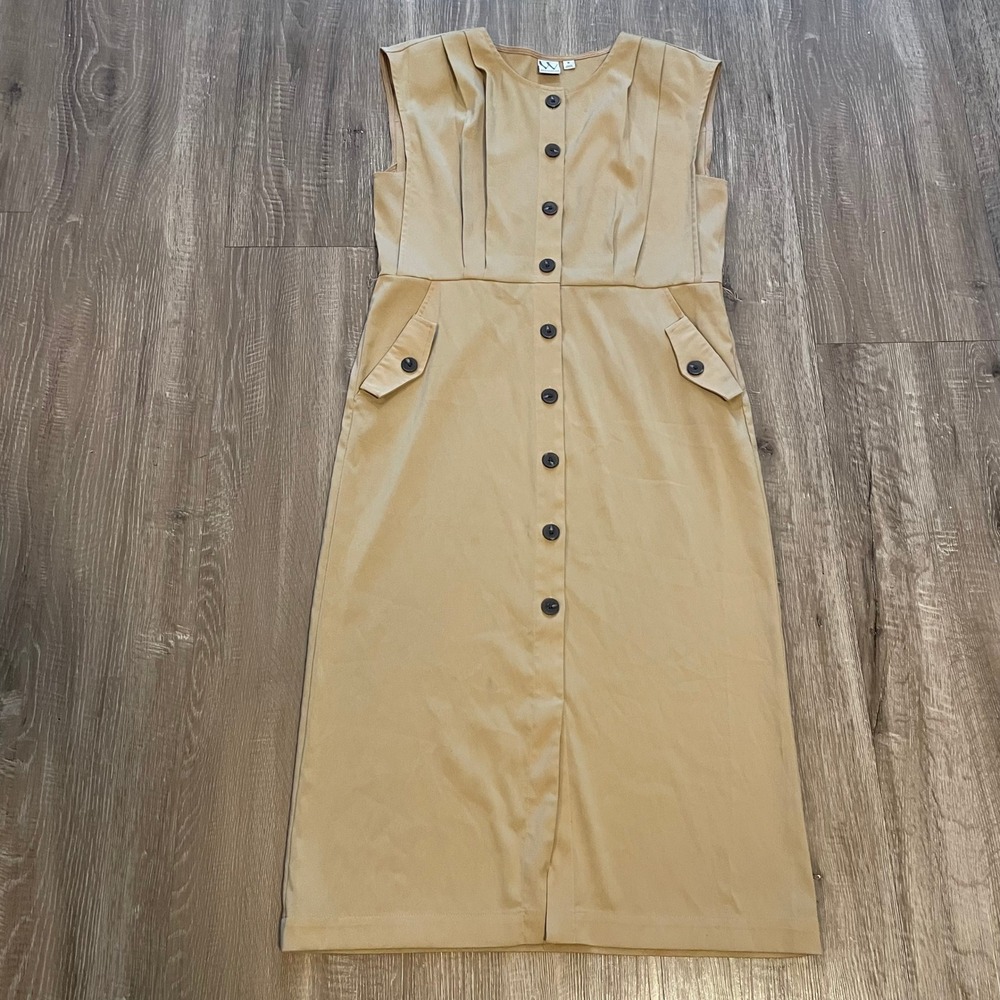 Worthington Womens Dress M Tan Poly Spandex Button Front Pleated Sheath Midi